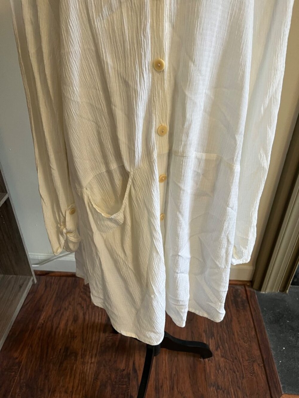 Flax White Shirt Cover Up Button Front Long Sleeve Oversized Crinkle Gauze - Picture 3 of 8